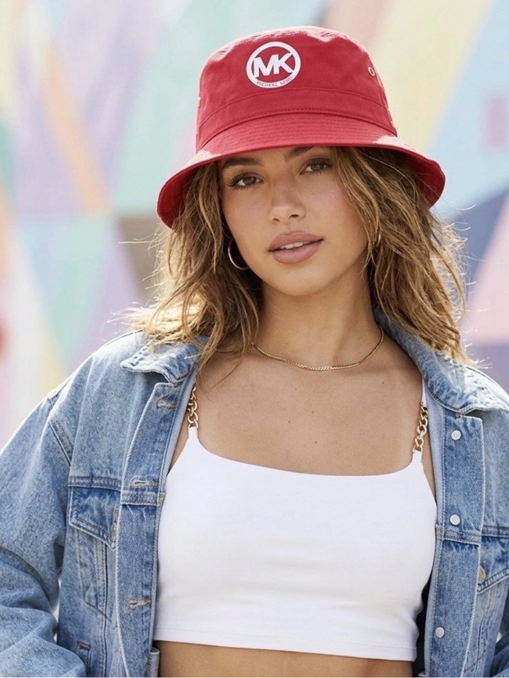 Michael Kors Red Logo Bucket Hat with White MK Patch